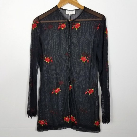 Cache Tops - Cache Black Floral Mesh Button Front Top Medium